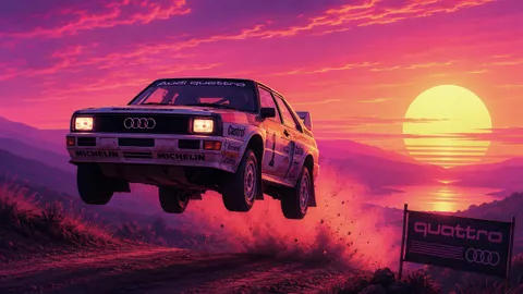 An airborne retro Audi Quattro in front of a vivid synthwave sunset landscape