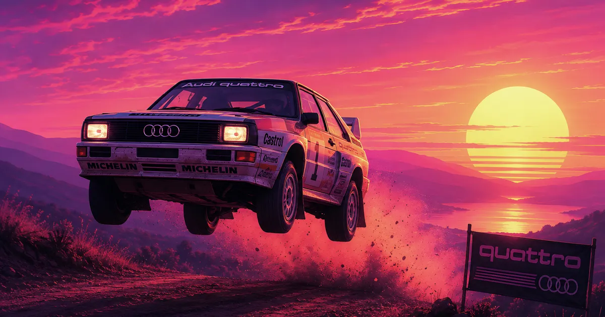 An airborne retro Audi Quattro in front of a vivid synthwave sunset landscape