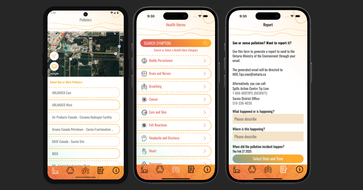 Screenshots of the Pollution Reporter mobile app