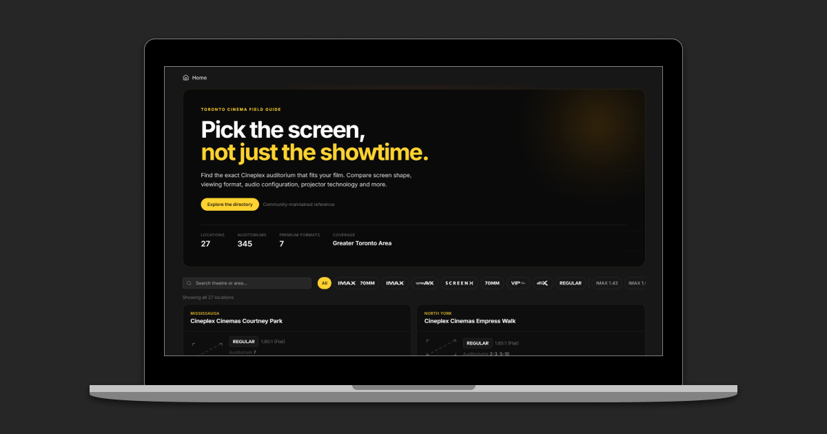 Preview of the Toronto Cineplex Screen Guide showing theatre screen formats and aspect ratios